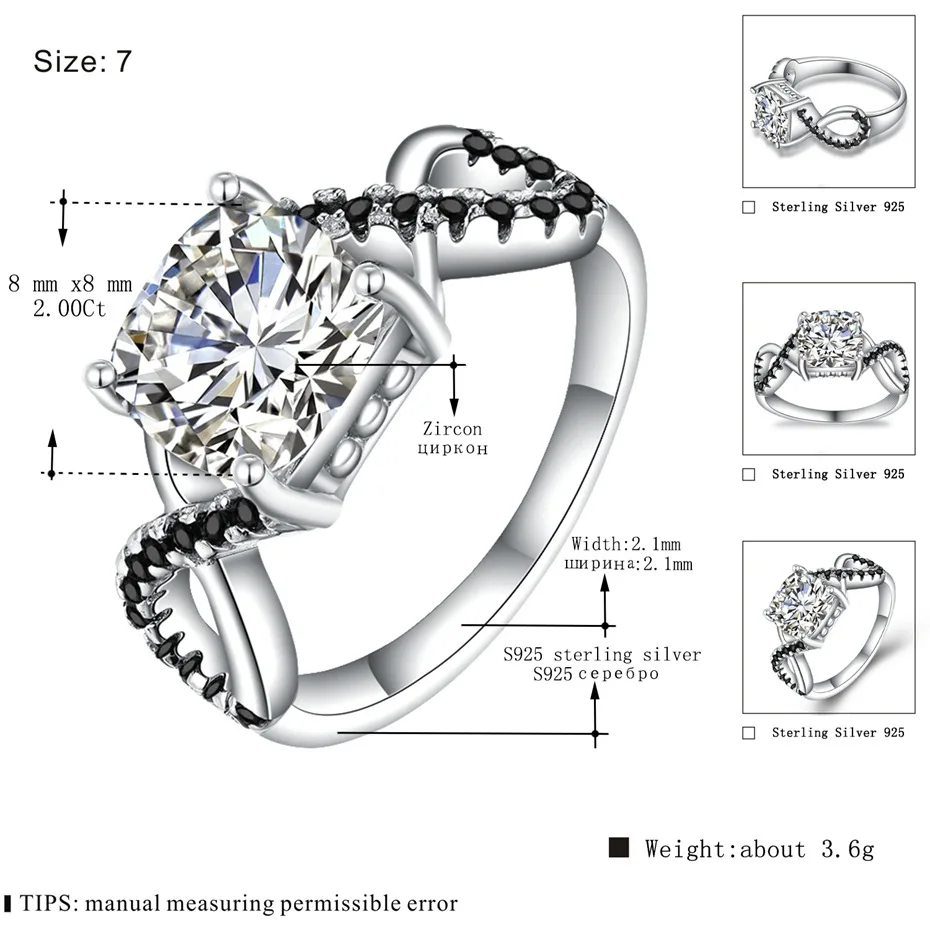 

UFOORO sterling silver wedding ring Finger Beautiful Jewelry cross Romantic shiny BLACK zircon Ring For girl gift C383