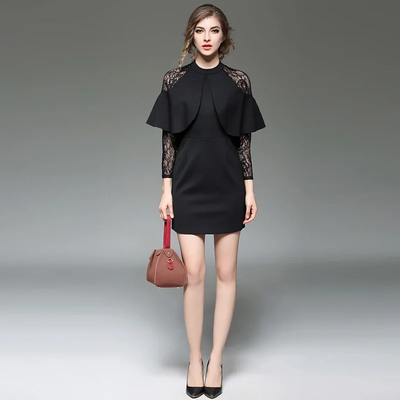 S-XL Женщины Весна Делопроизводство Dress Мода Slim О-Образным Вырезом Sexy Кружева