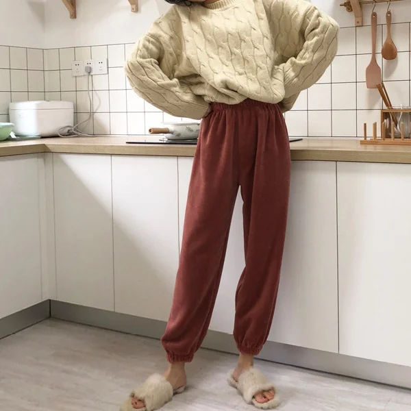 Женские осенние брюки толстые теплые коралловые флисовые свободные дышащие