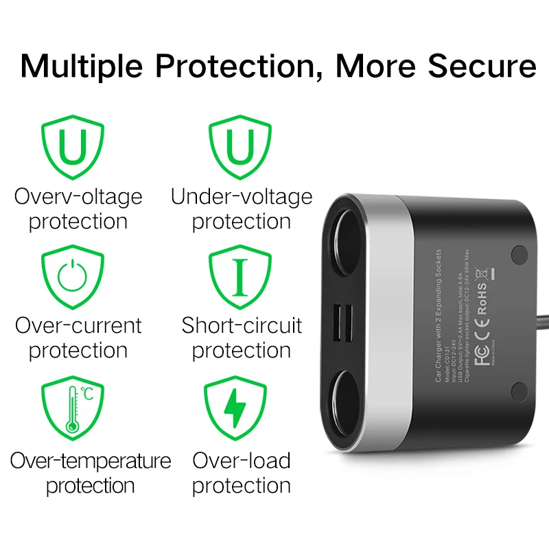 Ugreen Dual USB Автомобильное зарядное устройство Поддержка Автомобильный рекордер Универсальный мобильный телефон автомобильное зарядное устройство с расширителем зарядное устройство для iPhone 6S samsung