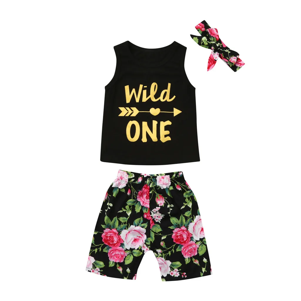 Children's wear set 2019 Toddler Baby Girl Letter Vest Tops+Floral Print Shorts+Headbands Set Outfit Spring summer | Детская одежда