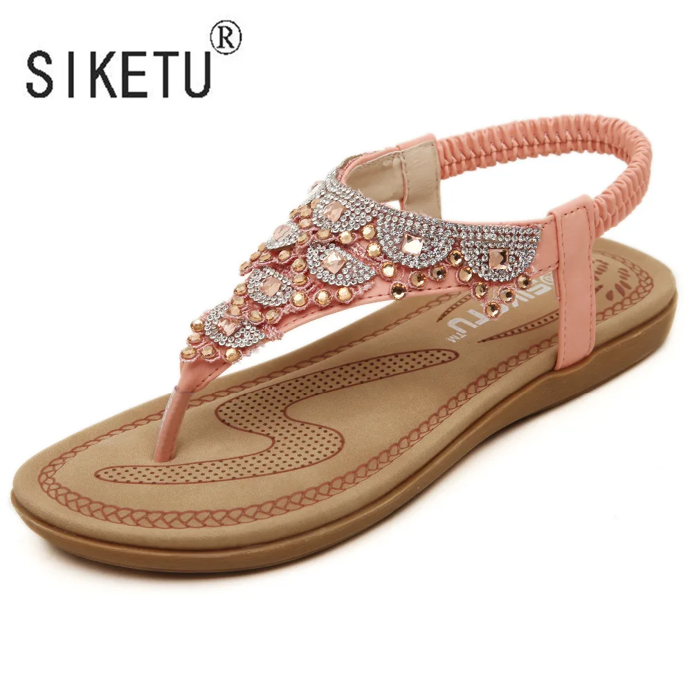 Новая мода лето Женские сандалии в богемном стиле Стразы пляжные туфли для