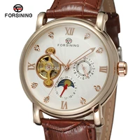 new arrive forsining fsg800m3r3 moon phase fashion design with rose gold color case silver dial stones brown genuine band