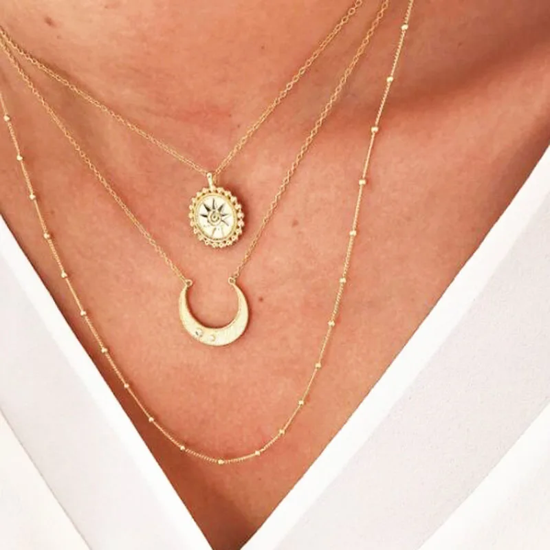 European Trendy Multilayer World Map Star Moon Pendant Necklaces Women Vintage Ox Horn Crescent Clavicle Necklace Jewelry YN817 | Украшения