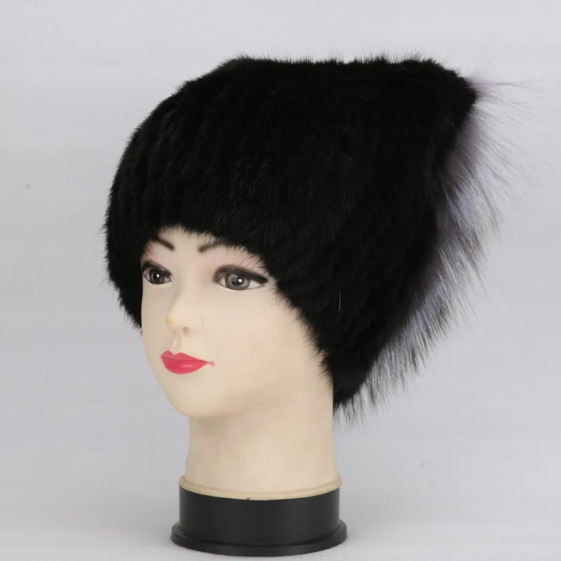 Winter Real Natural Mink Fur With Fluffy Natural Silver Fox Fur Simple Cute cat ears Square cap Warm Winter For Women Winter Hat