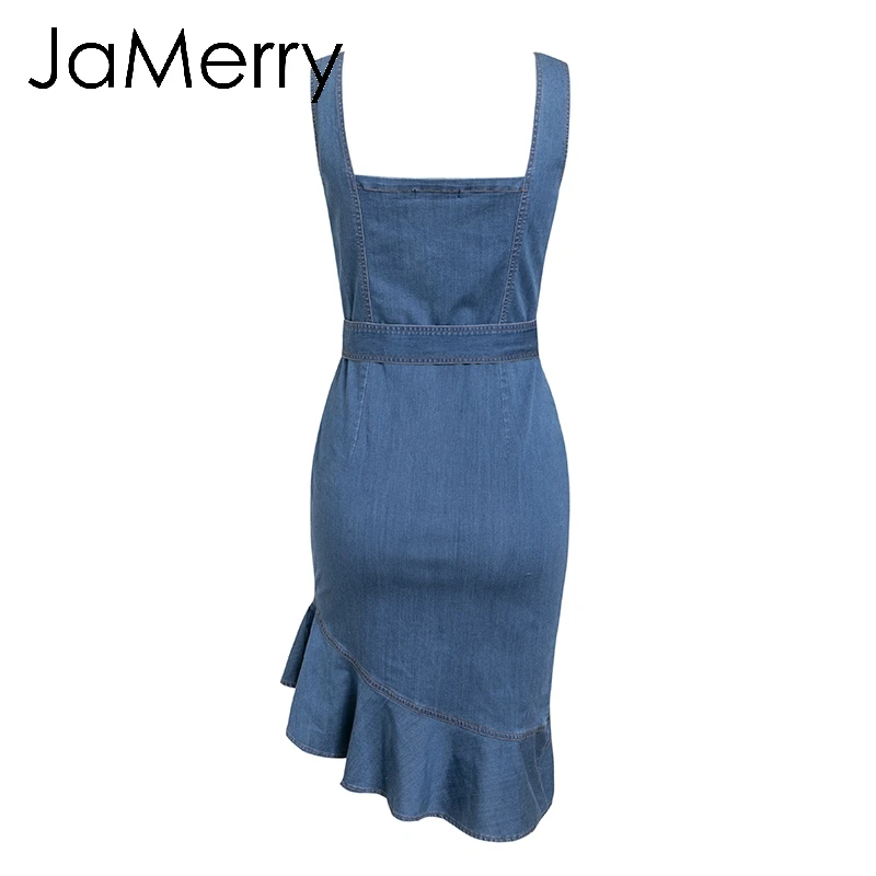 JaMerry, винтажное, повседневное, облегающее, синее, женское, джинсовое, летнее платье, элегантное, с оборками, с поясом на пуговицах, платья, сексуальная уличная одежда, джинсы, vestidos