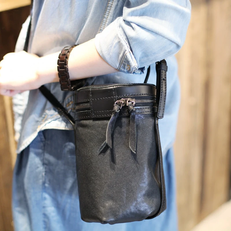 EUMOAN Black sheepskin diagonal package original designer handbags tide hand retro leather handbag bucket bag shoulder | Багаж и сумки