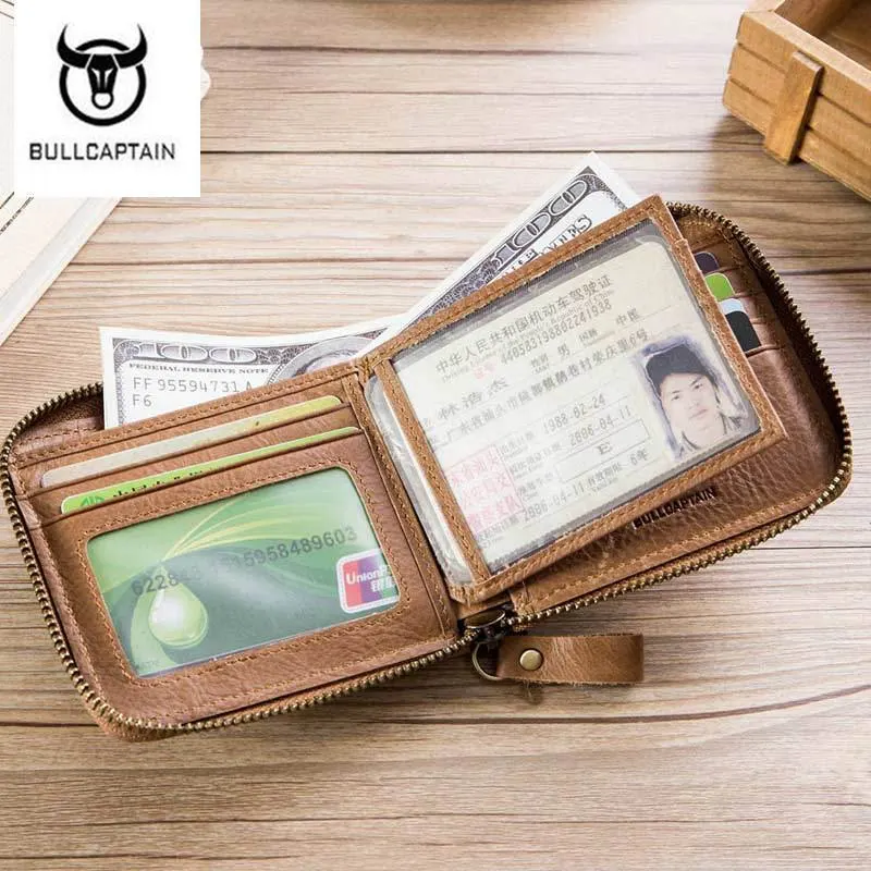 BULLCAPTAIN 100% мужской кошелек из натуральной кожи RFID новинка на молнии короткие