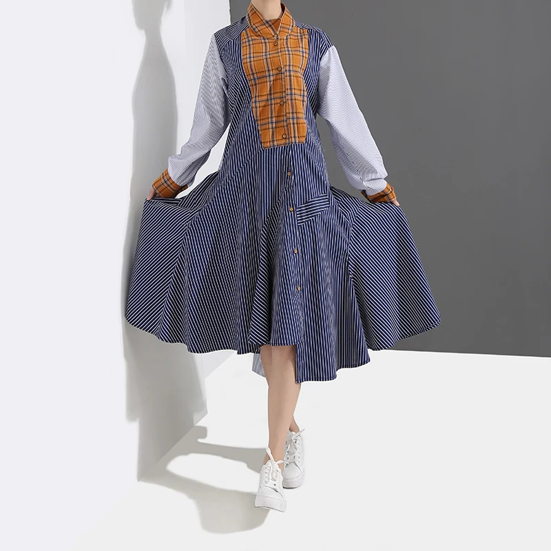 2019 Korean Style Women Spring Blue Striped Patchwork Shirt Dress Sashes Long Sleeve A-Line Female Casual Robe Femme 4653 | Женская