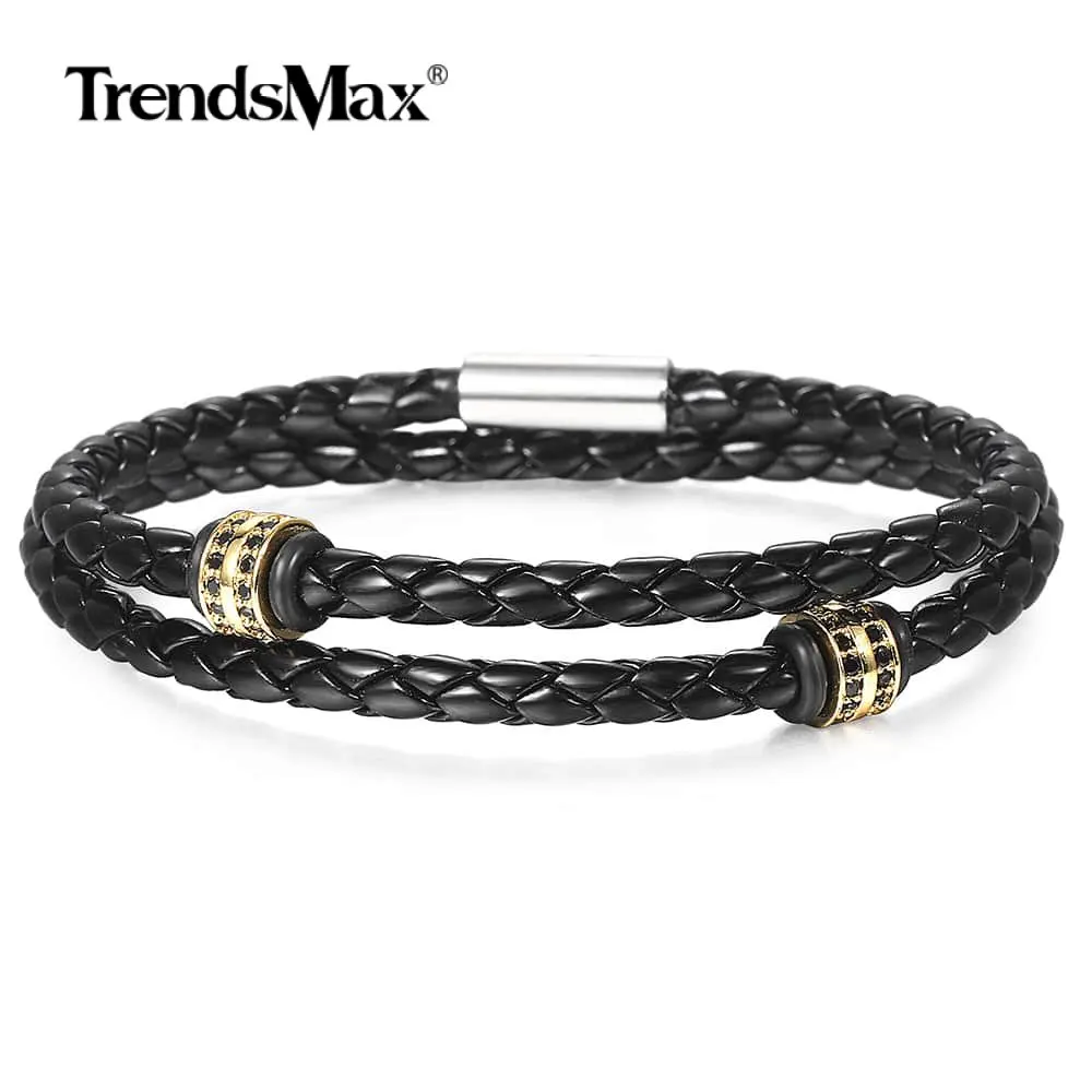 Trendsmax черный кожаный браслет для мужчин CZ бисер нержавеющая сталь подвески панк