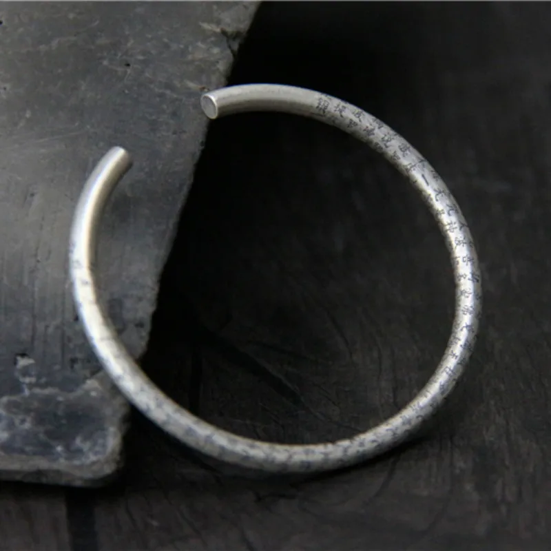 

925 Pure Silver Buddhistic Heart Sutra Open Bangles For Women Men Gift Religious Jewelry about 4mm Thick Bracelet