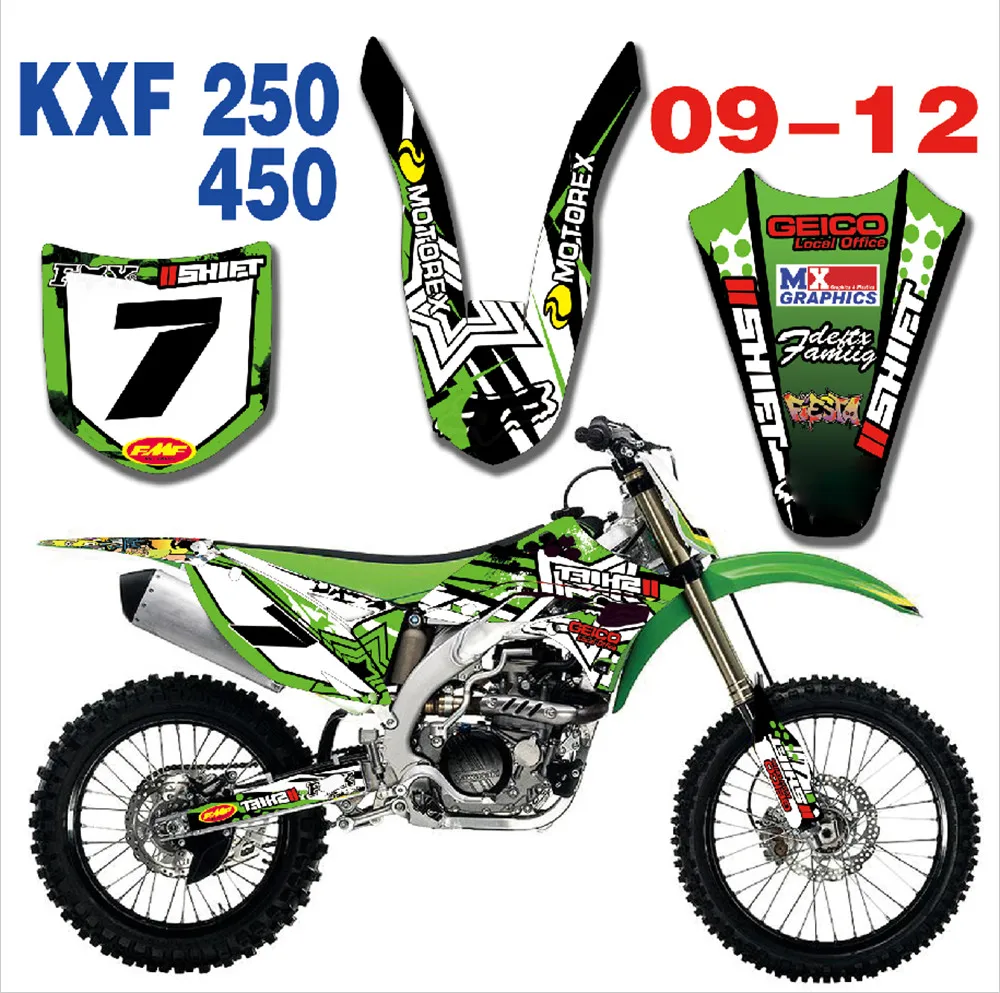 Сток заказной номер блеск графика и фоны Наклейка для Kawasaki KX250F KXF250 2009 2010 2011 2012