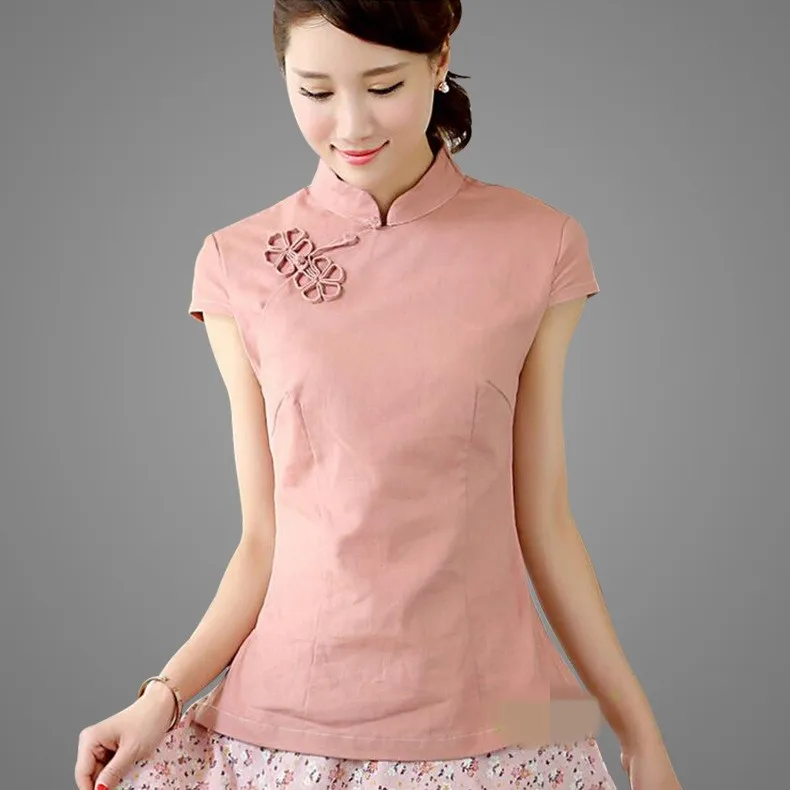 Однотонная бежевая женская рубашка ручной работы с пуговицами из хлопка и льна