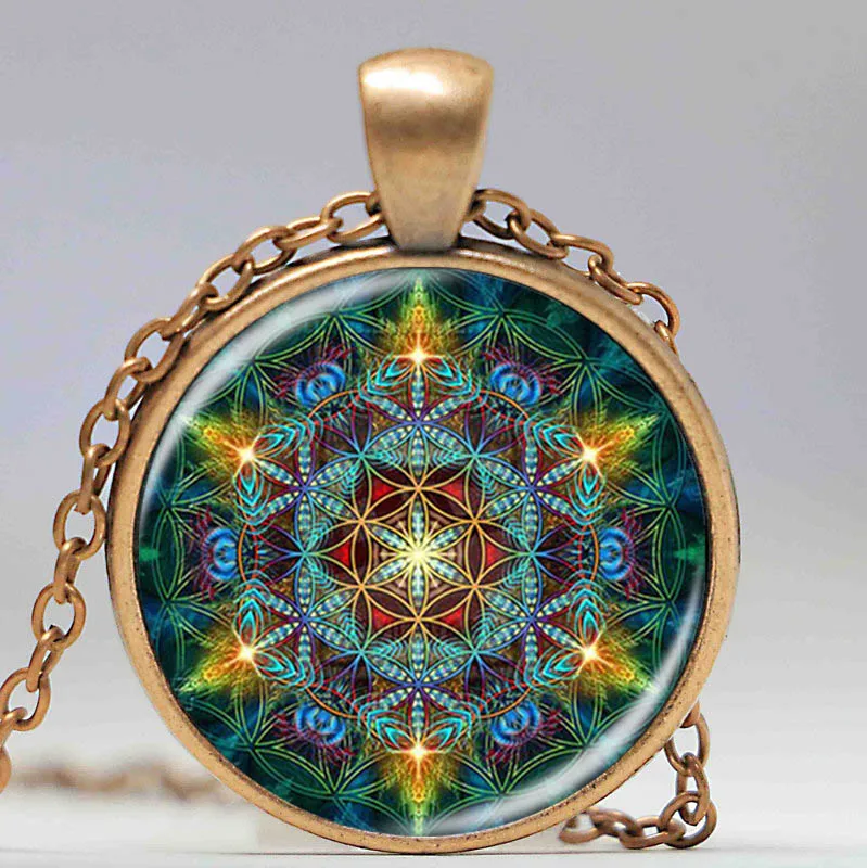 Многоцветный кулон цветок жизни Ожерелье Серебряная цепочка массивное длинное