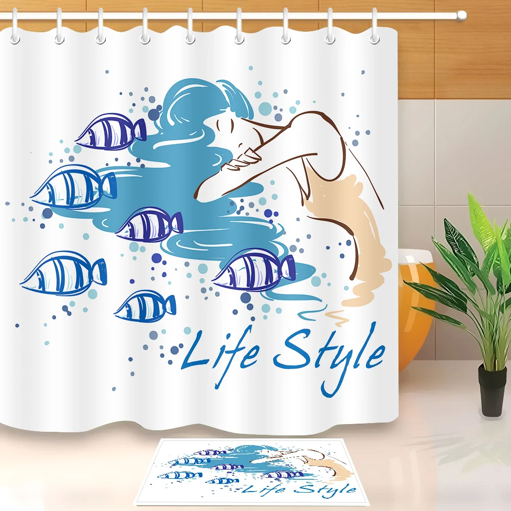 LB Голубая рыбка белая занавеска для душа с подушкой ванной набор красоты девушка