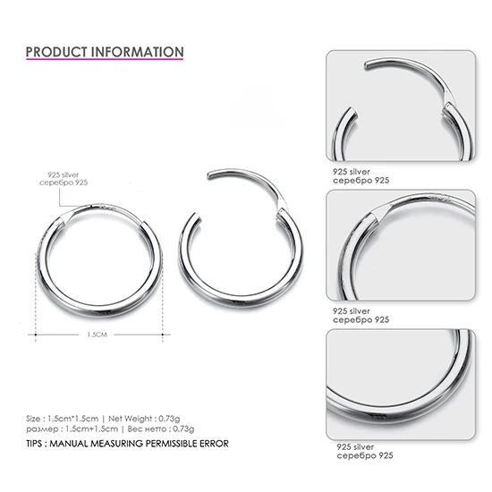 15mm Silver CC Твердые 925 серебряные серьги-кольца для женщин 15 мм-70 мм круглые классические большие офисные серьги простые ювелирные изделия CCE529 - Окраска металла: 15mm Silver