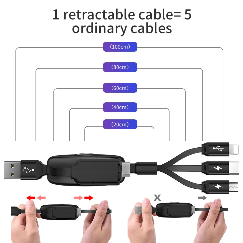 HOCO 3 в 1 usb зарядный кабель гибкий Регулируемый USB Быстрый Micro + Тип C для iPhone samsung