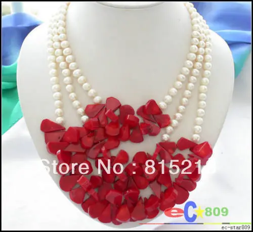 Ddh0050 3 ряда белый круглый пресноводный жемчуг красный коралловый ожерелье (B0409) |