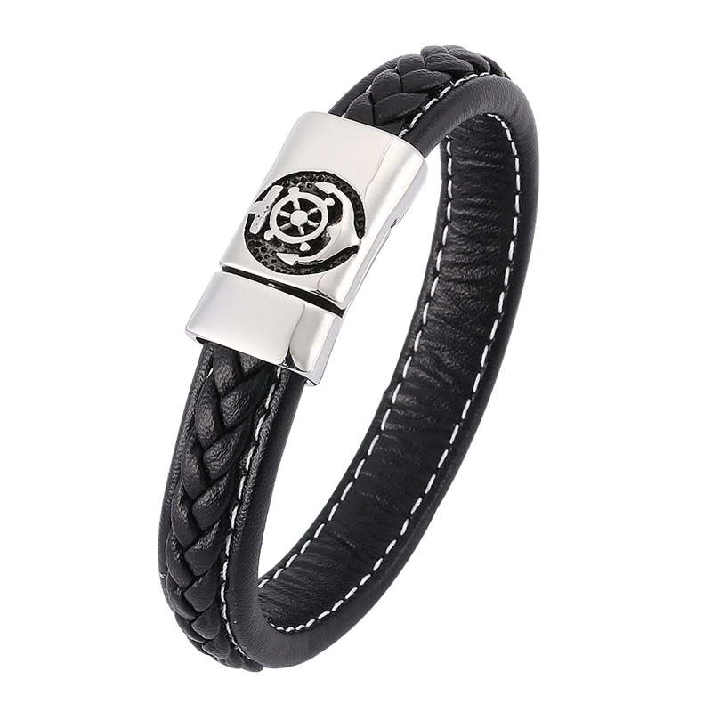 

Black Braided Leather Anchor Bracelet Men Jewelry Punk Magnetic Steel Buckle Retro Wristband Male Trendy Bracelet for Men SP0348