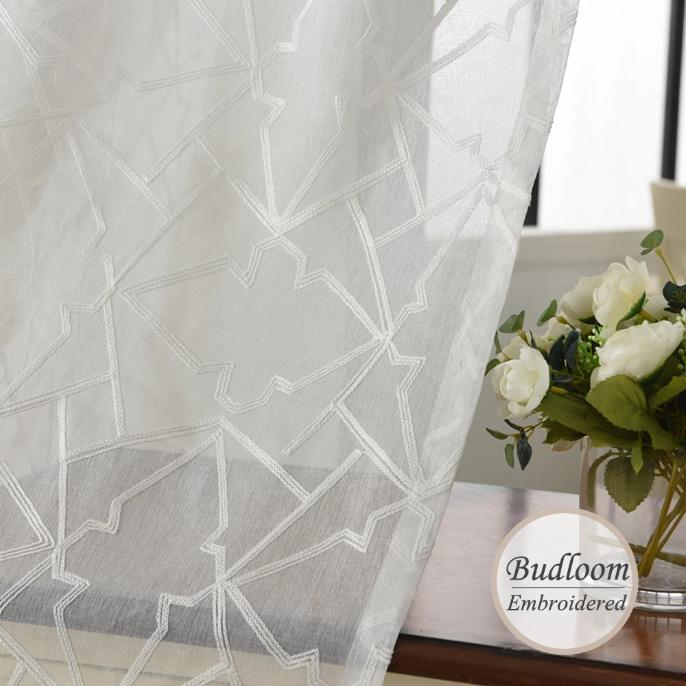 Современные Асимметричные тюлевые шторы с геометрической вышивкой для гостиной