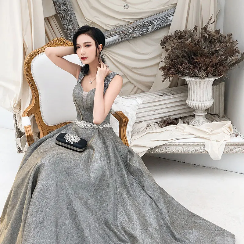 SSYFashion, новинка, роскошное платье для банкета, выпускного вечера, v-образный вырез, ТРАПЕЦИЕВИДНОЕ, без рукавов, серое, с бисером, вечернее, официальное платье, на заказ, Robe De Soiree