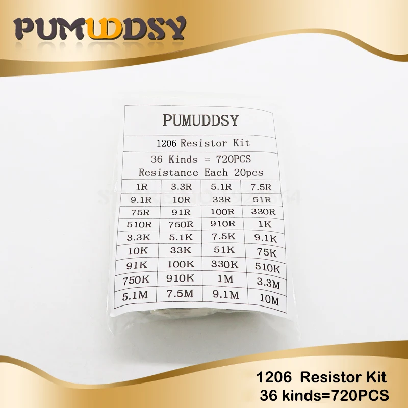 36Value* 20 штук = 7 20 штук 1206 SMD Резистор Комплект 1/4 Вт 0,25 5% 1 Ом~ 10 МОм набор компонентов «сделай сам» и