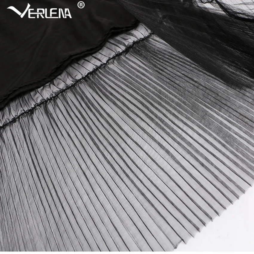 Verlena 2019 Плиссированное черное летнее платье с круглым вырезом и кружевом без