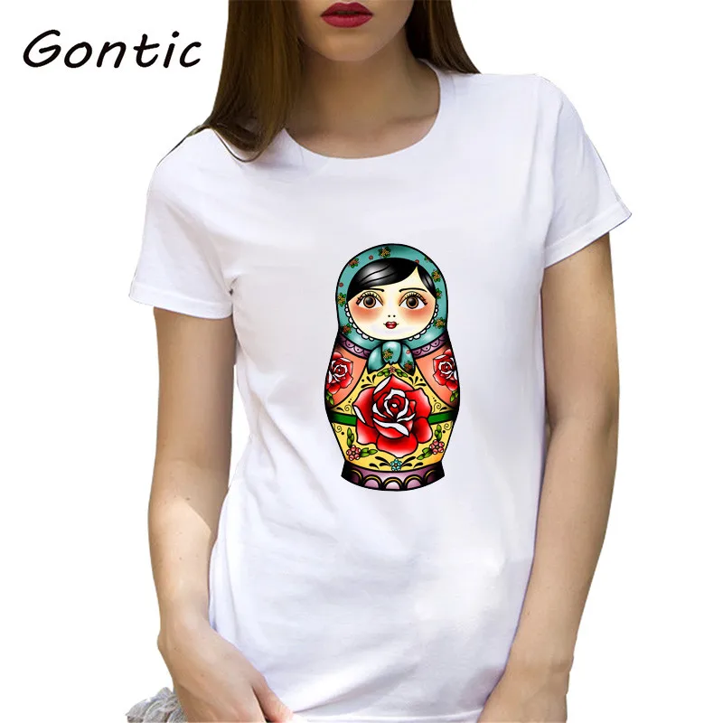 Женская белая футболка с принтом матрешки в русском стиле новинка Ulzzang Kawaii Femme