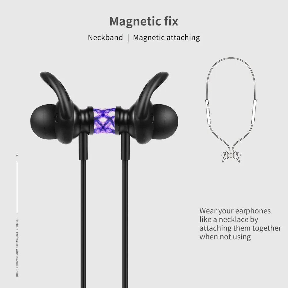 FineBlue mate 10 Магнитная Беспроводная bluetooth-гарнитура с шейным ремешком, спортивные наушники, стерео бас наушники с микрофоном и FX-2