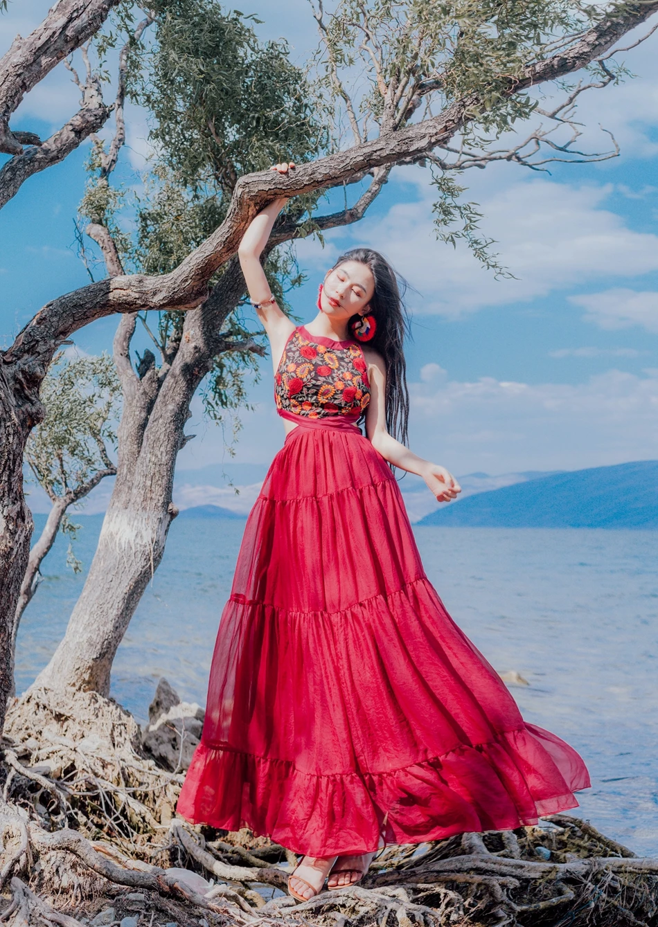 KHALEE YOSE Boho Макси платье летние винтажные вышитые платья шифоновые многоярусные завязанные без рукавов Midriff сексуальное платье Хиппи для женщин