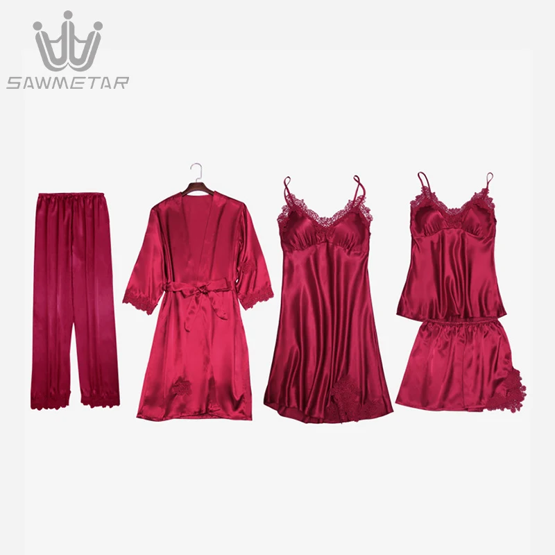 Summer Pajamas Women Silk Pijama 5 Pieces Pyjama Sexy Sleepwear Home Wear Home Clothing Lace Sleep Lounge With Chest Pads