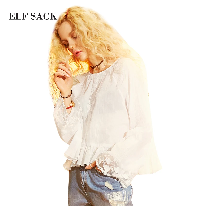 ELFSACK, одноцветные женские летние шифоновые блузки, женские кружевные свободные рубашки, женские тонкие прозрачные сексуальные топы, OL Блузка