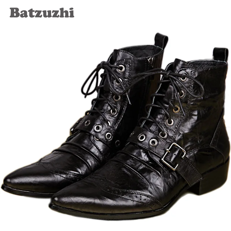 Batzuzhi Новая мужская кожаная дизайнерские черные сапоги до щиколотки на шнуровке