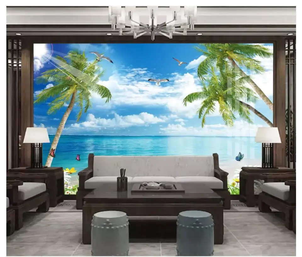 

Custom 3d murals wallpaper for walls 3 d Seaside scenery mural sea tree, beach background, wall papers painting home decoration