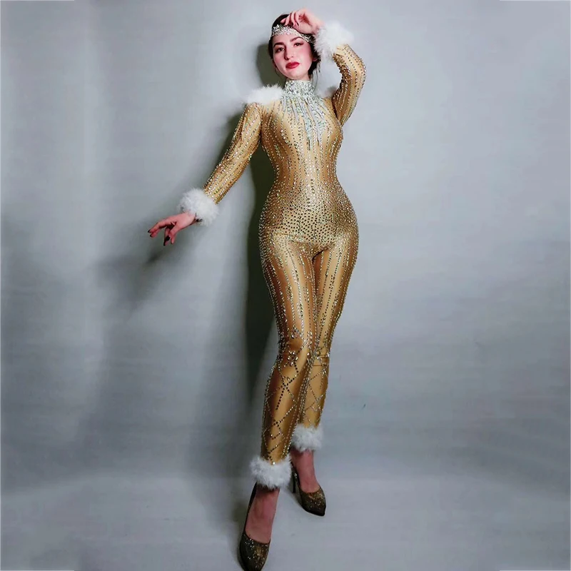 

Champagne Gold Rhinestones Feathers Jumpsuit Female Elastic Long Sleeve Skinny Romper Nightclub Singer Bar Party Bodysuit DT1026