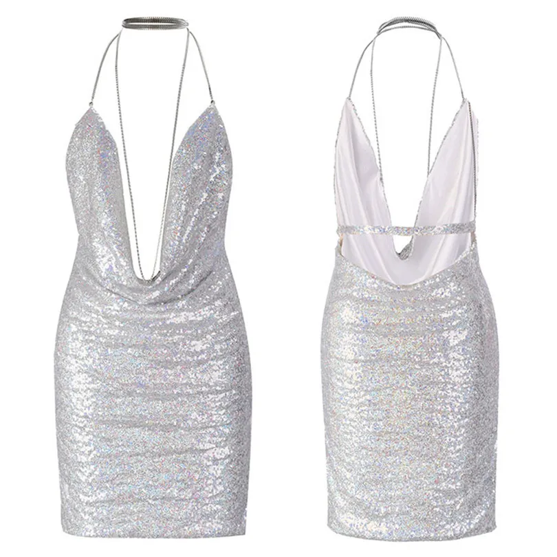 

VISNXGI Sexy Backless Glitter Mini Dress Summer Sleeveless Deep-V Halter Split Sequin Metal Christmas Night Club Party Clothes