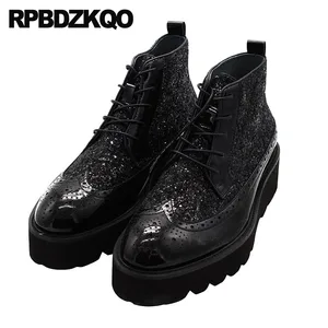 Высокие ботинки в стиле Харадзюку, черные ботинки на толстой подошве, на платформе, с закрытым верхом, Мужские броги, блестящие мужские лакированные ботинки