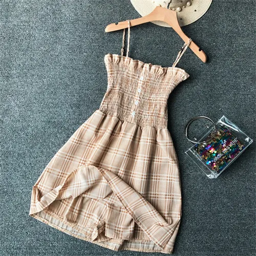 khaki plaid Модный летний брючный костюм с бретельками в горошек, повседневный сексуальный комбинезон, Женский клетчатый пляжный костюм, праздничный комбинезон - Цвет: khaki plaid