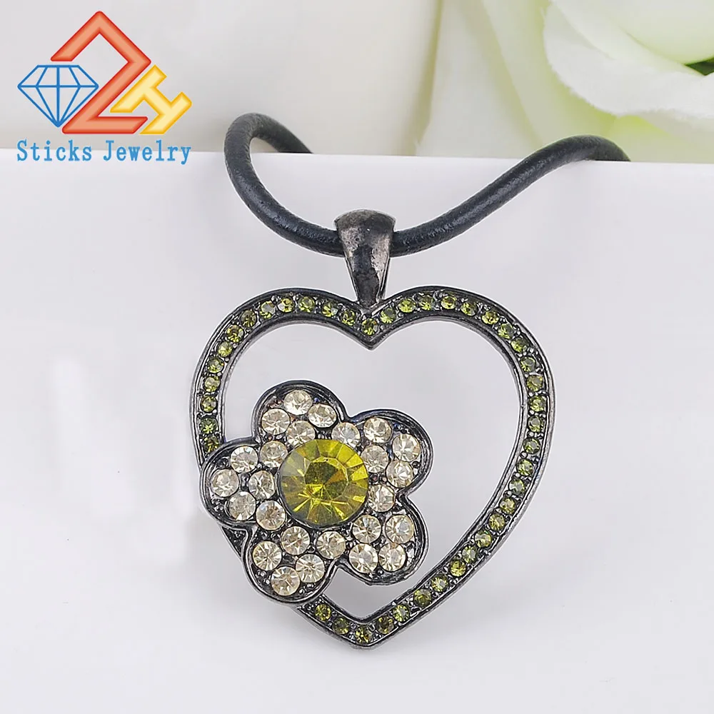 Trendy Austrian Rhinestone Love Heart Necklace for Women Crystal Flower Leather Rope Pendant | Украшения и аксессуары