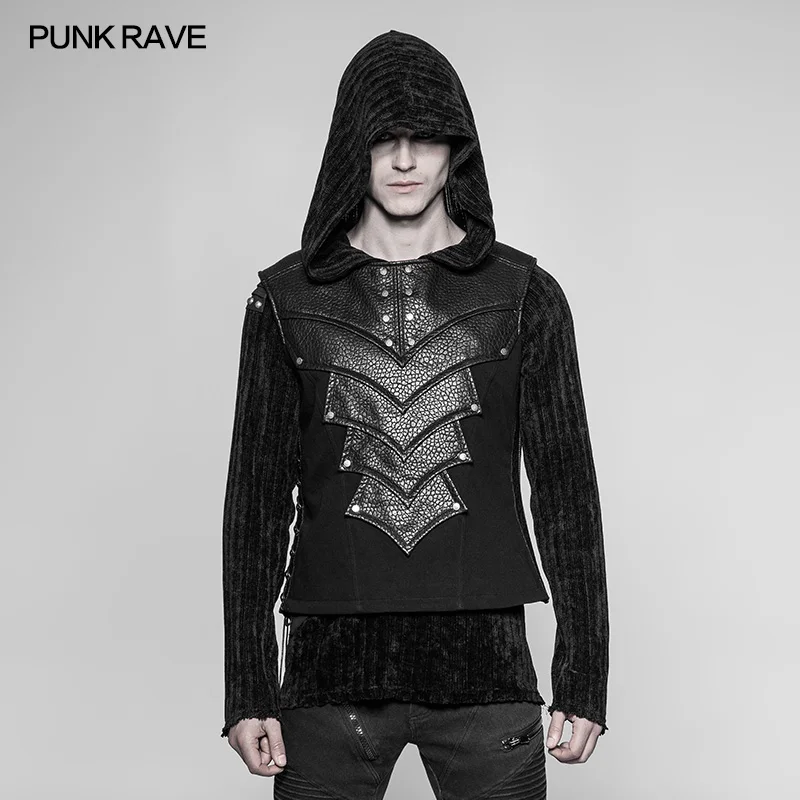 Панк Rave Rock Черный Повседневный стимпанк винтажный Готический жилет из искусственной кожи для защиты груди Мужская футболка WY931
