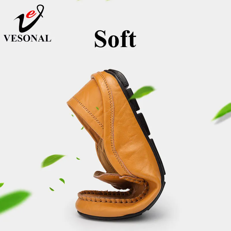 VESONAL Genuine Leather Spring Summer Driver Male Loafers Shoes For Men Flat Adult Breathable Light Moccasins Soft Boat Footwear | Обувь