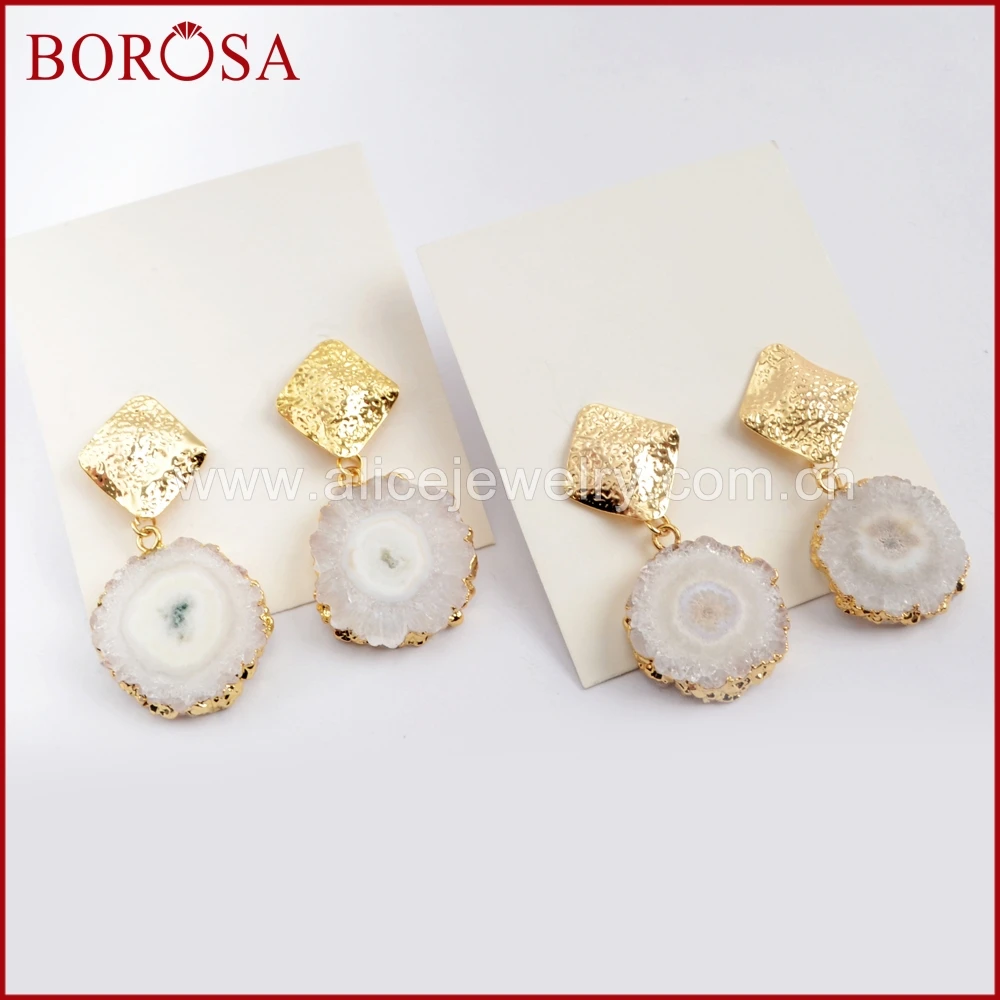 BOROSA, 5 пар, серьги из друзы, для женщин, гальваническое покрытие, золото, натуральный белый, Солнечная кварцевая серьга, модные серьги в форме капли G1594