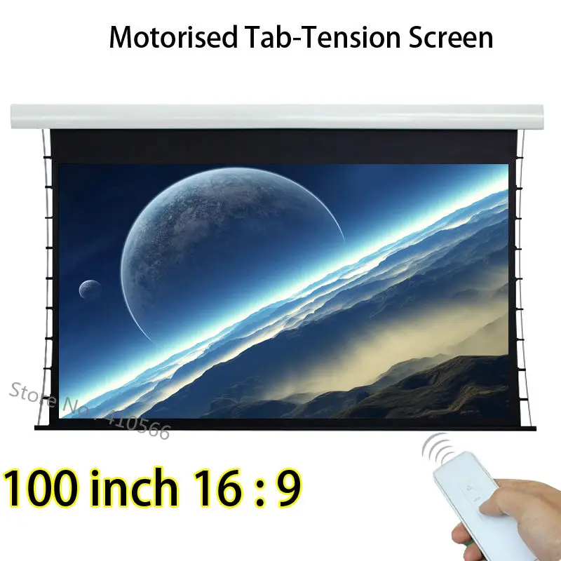 

100-inch 2214x1245mm Viewable Size Tab-tension Projection Screens With Tubular Motor Remote Control Projector Screen