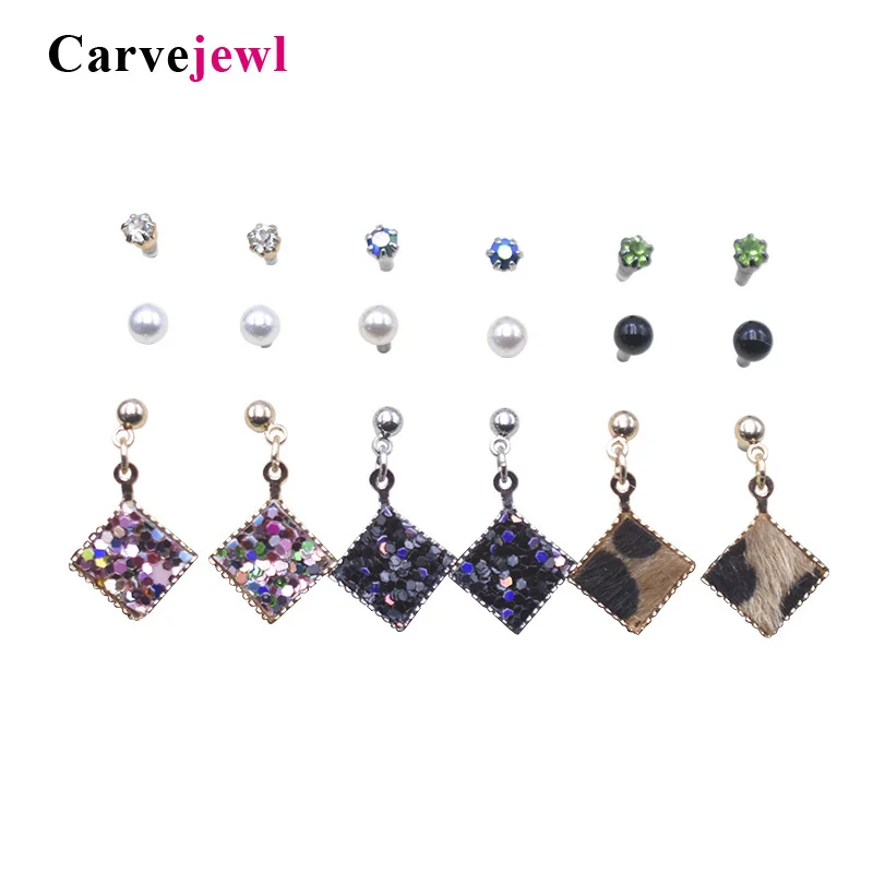 Серьги гвоздики с кристаллами Carvejewl медленный жемчуг 9 пар/уп. блестящие серьги