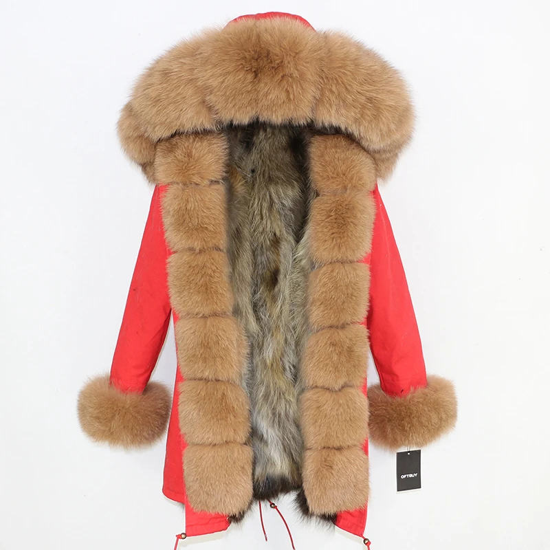OFTBUY, длинная парка, зимняя куртка для женщин, натуральный Лисий мех енота, пальто с воротником, толстая теплая верхняя одежда, уличная одежда, съемная - Цвет: red camel
