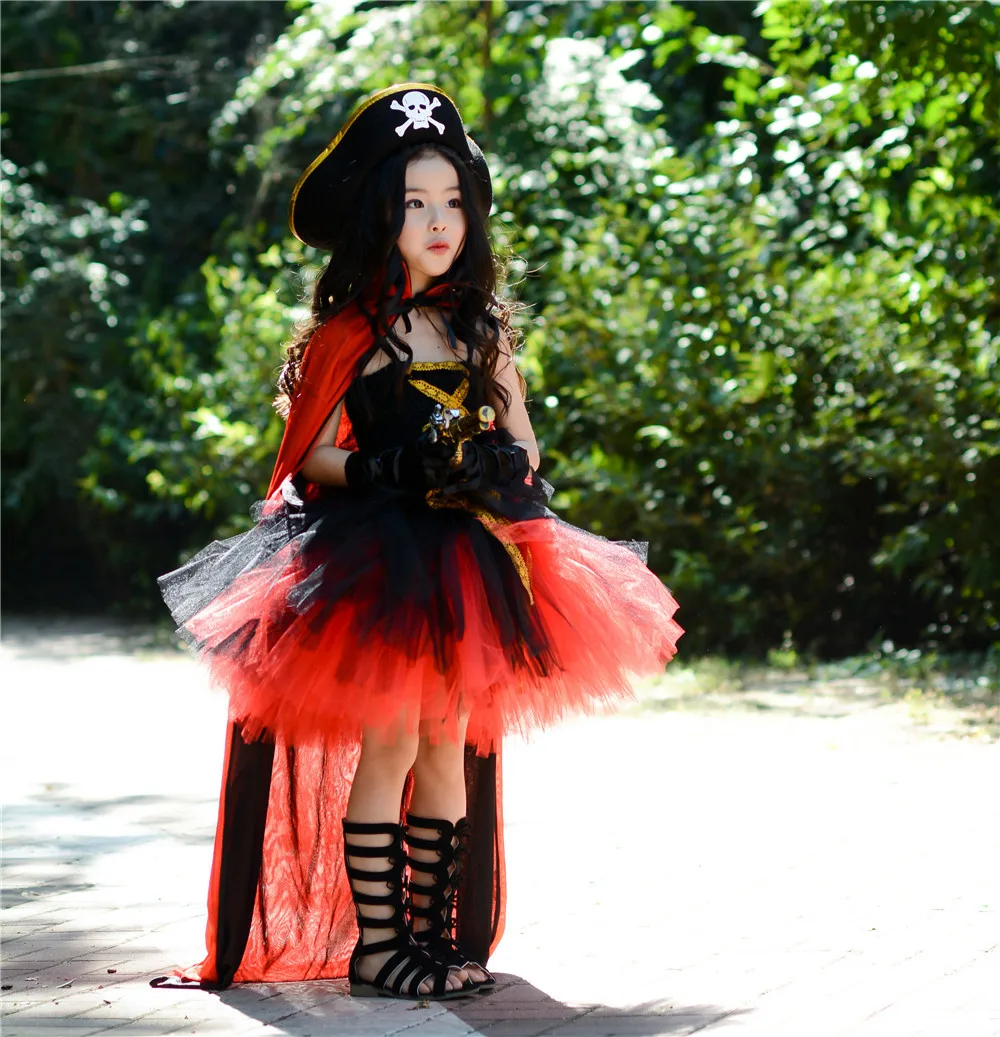 POSH DREAM New Halloween Pirates Kids Girls Costume Costume with Hat Pirates Tutu Dressed Up Black Toddler Girls Cosplay Clothes