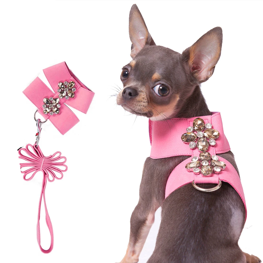 Розовый Принцесса Милая собачья упряжь Bling Стразы комфорт шаг Pet ремни с поводком набор мелких средних пород животных кошек