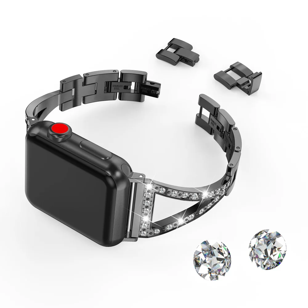 black Ремешок из нержавеющей стали для Apple Watch Band 38 мм 42 мм iWatch ювелирные изделия из нержавеющей стали браслет со стразами роскошный ремешок для Apple - Цвет ремешка: black