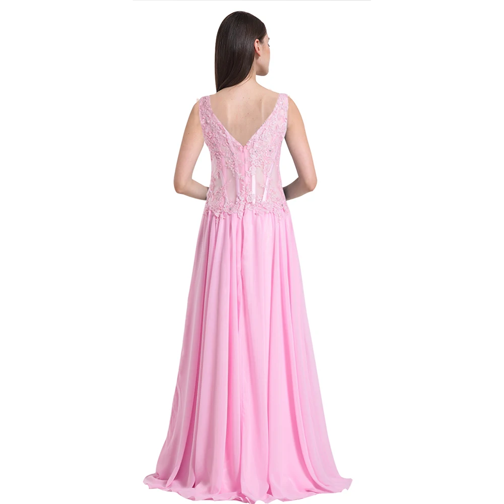 Элегантный Шик Женщины Line V Шеи Иллюзия Талия Этаж Шифон Кружева Длинные Вечерние