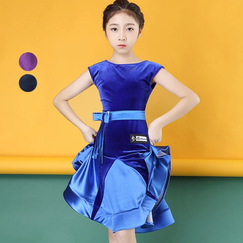 

2018 New Arrival Girls Latin Dance Dress Children Short Sleeve Velvet For Ballroom Cha Cha Rumba Competition Dancing Dresses